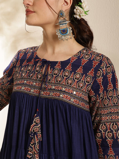 Cotton Calf Length Solid Three-Quarter Sleeves Key Hole Neck Anarkali Kurta Bottom With Dupatta