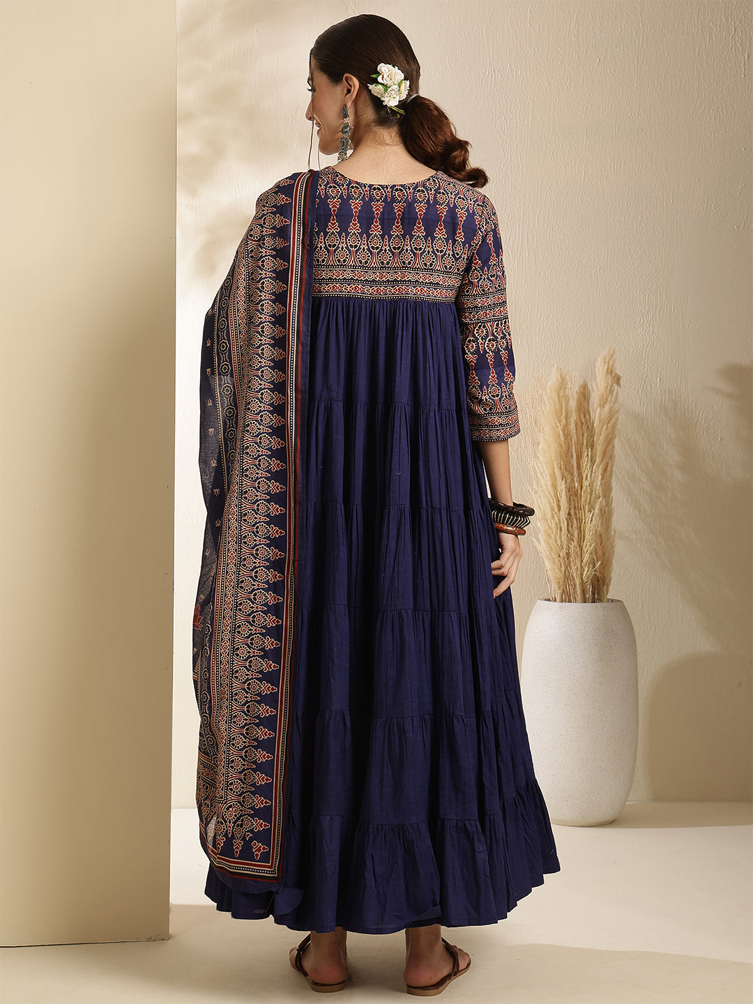 Cotton Calf Length Solid Three-Quarter Sleeves Key Hole Neck Anarkali Kurta Bottom With Dupatta