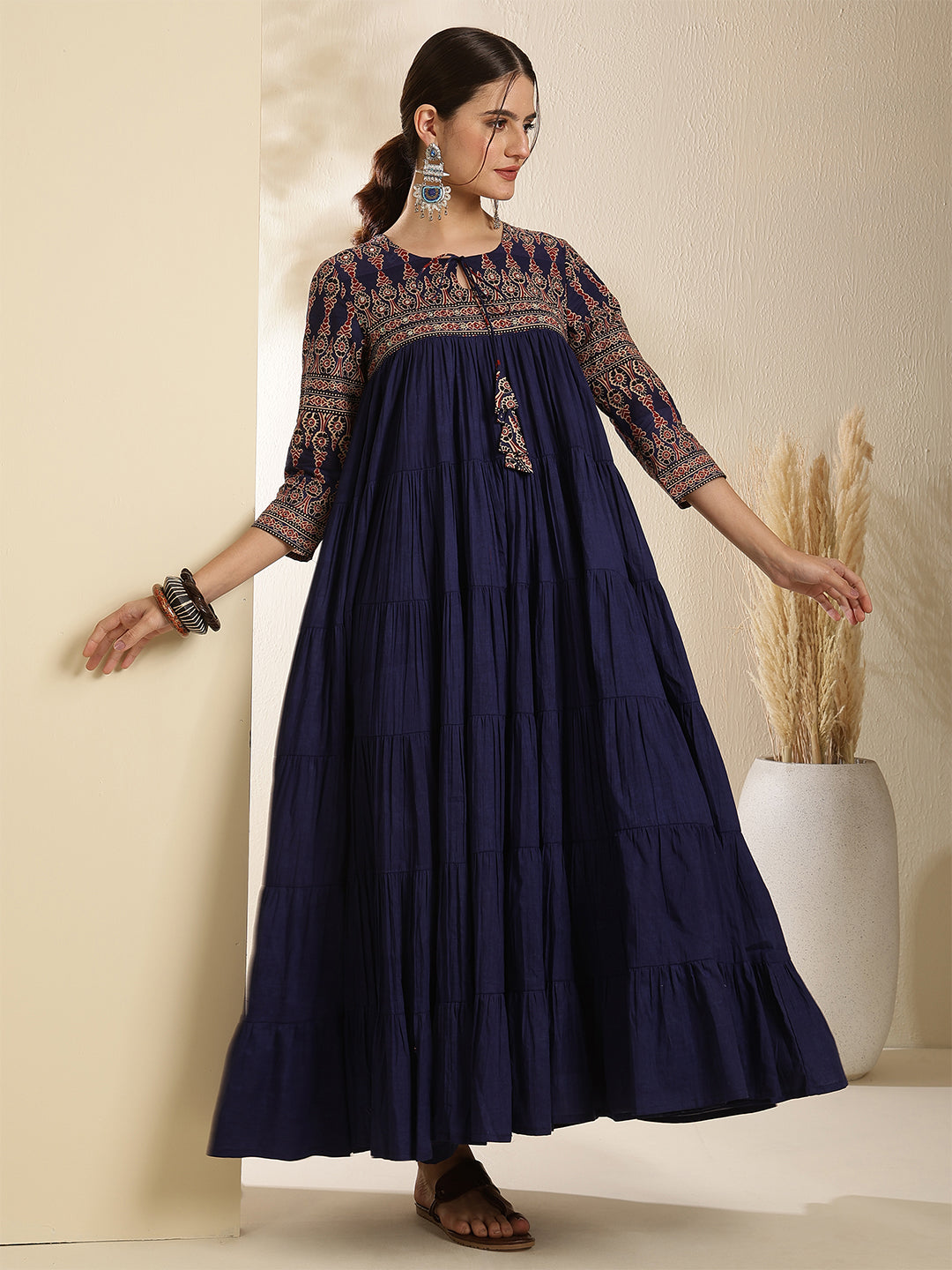 Cotton Calf Length Solid Three-Quarter Sleeves Key Hole Neck Anarkali Kurta Bottom With Dupatta