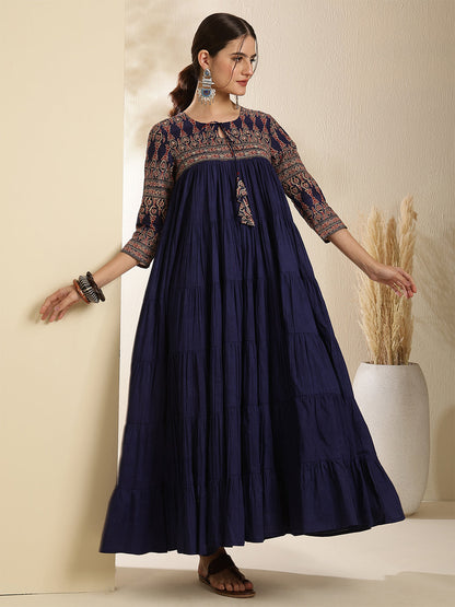 Cotton Calf Length Solid Three-Quarter Sleeves Key Hole Neck Anarkali Kurta Bottom With Dupatta
