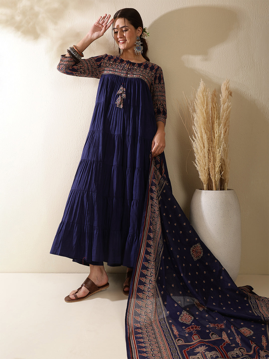 Cotton Calf Length Solid Three-Quarter Sleeves Key Hole Neck Anarkali Kurta Bottom With Dupatta
