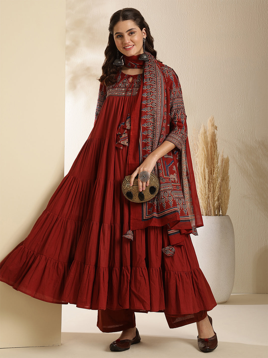 Cotton Calf Length Solid Three-Quarter Sleeves Key Hole Neck Anarkali Kurta Bottom With Dupatta