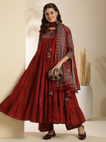 Cotton Calf Length Solid Three-Quarter Sleeves Key Hole Neck Anarkali Kurta Bottom With Dupatta