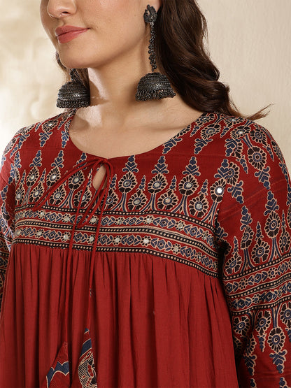 Cotton Calf Length Solid Three-Quarter Sleeves Key Hole Neck Anarkali Kurta Bottom With Dupatta