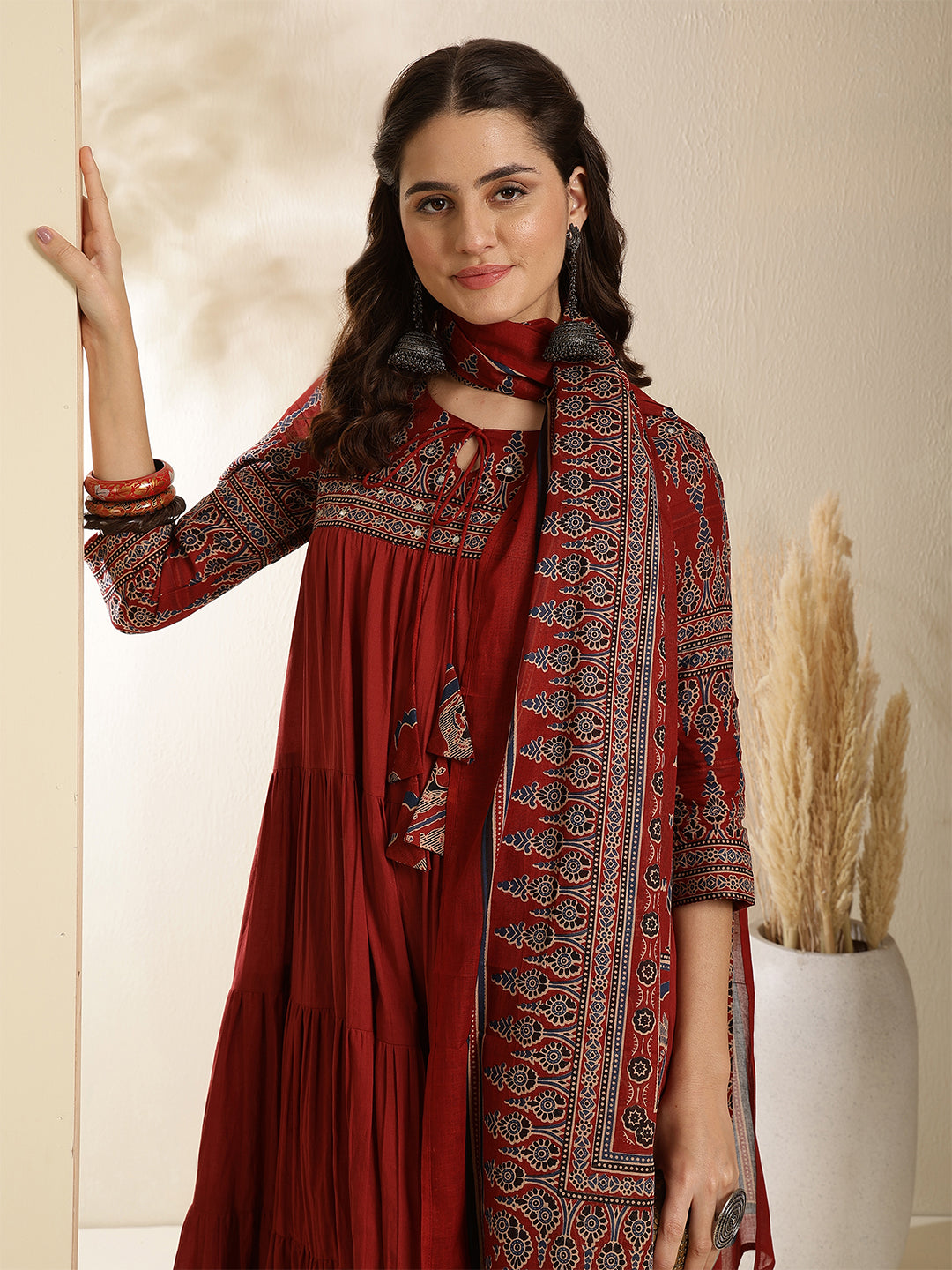 Cotton Calf Length Solid Three-Quarter Sleeves Key Hole Neck Anarkali Kurta Bottom With Dupatta