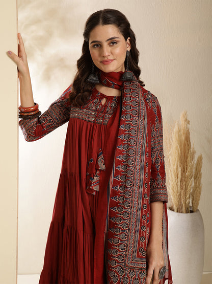 Cotton Calf Length Solid Three-Quarter Sleeves Key Hole Neck Anarkali Kurta Bottom With Dupatta