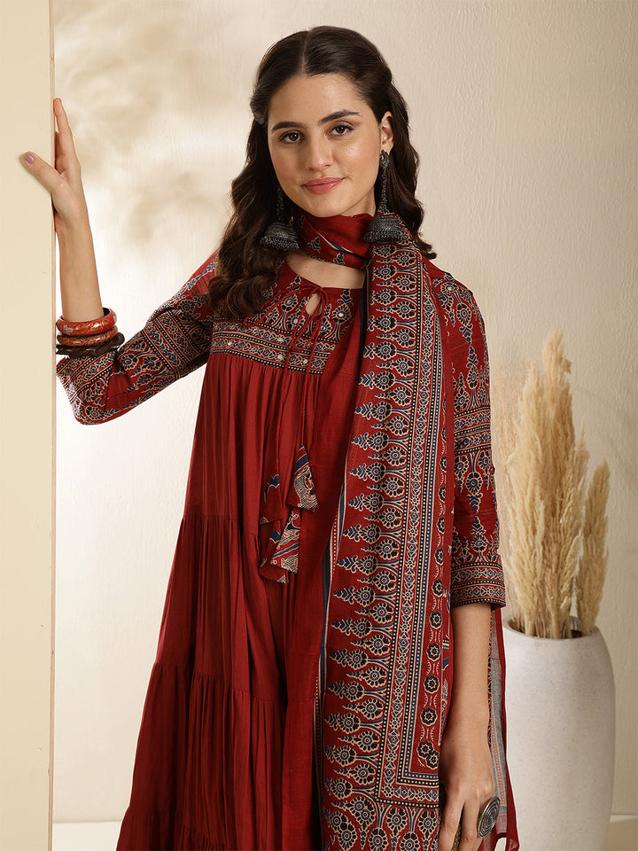 Cotton Calf Length Solid Three-Quarter Sleeves Key Hole Neck Anarkali Kurta Bottom With Dupatta