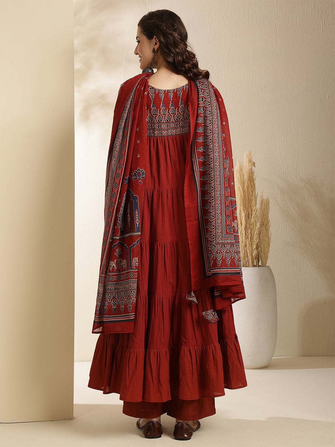 Cotton Calf Length Solid Three-Quarter Sleeves Key Hole Neck Anarkali Kurta Bottom With Dupatta