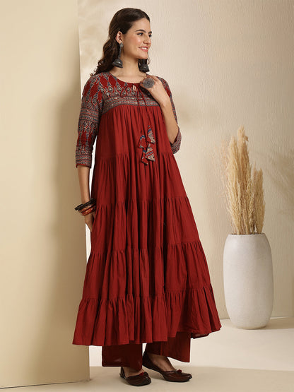 Cotton Calf Length Solid Three-Quarter Sleeves Key Hole Neck Anarkali Kurta Bottom With Dupatta