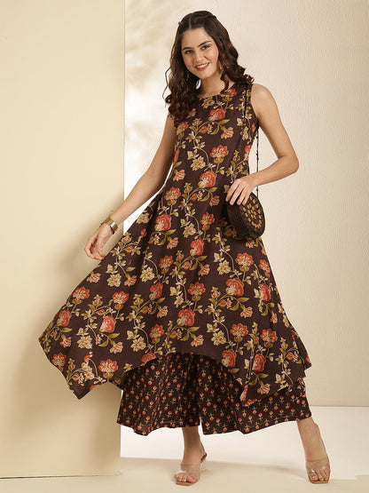 Rayon Calf Length Printed Sleeveless Round Neck Asymmetrical Kurta Bottom Set
