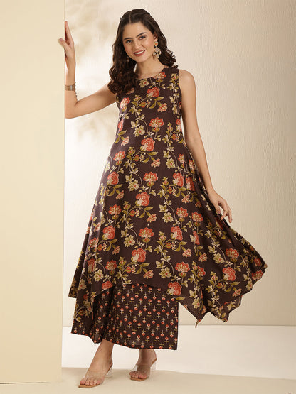 Rayon Calf Length Printed Sleeveless Round Neck Asymmetrical Kurta Bottom Set