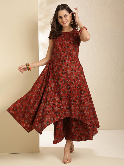 Rayon Calf Length Printed Sleeveless Round Neck Asymmetrical Kurta Bottom Set