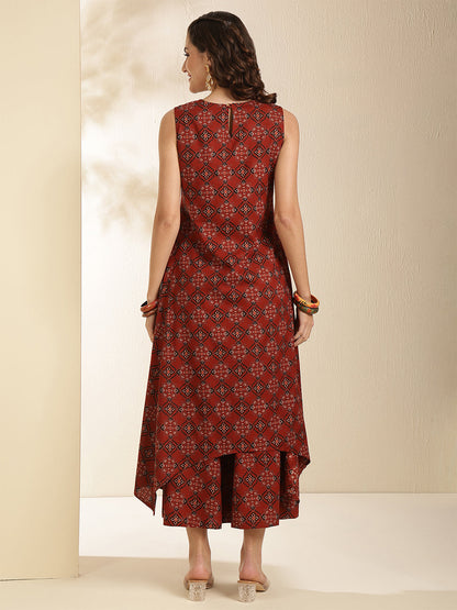 Rayon Calf Length Printed Sleeveless Round Neck Asymmetrical Kurta Bottom Set