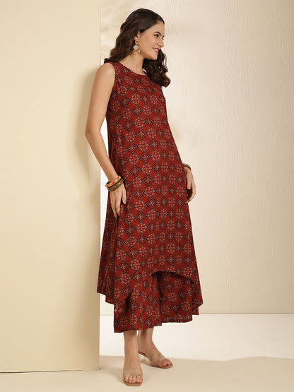 Rayon Calf Length Printed Sleeveless Round Neck Asymmetrical Kurta Bottom Set