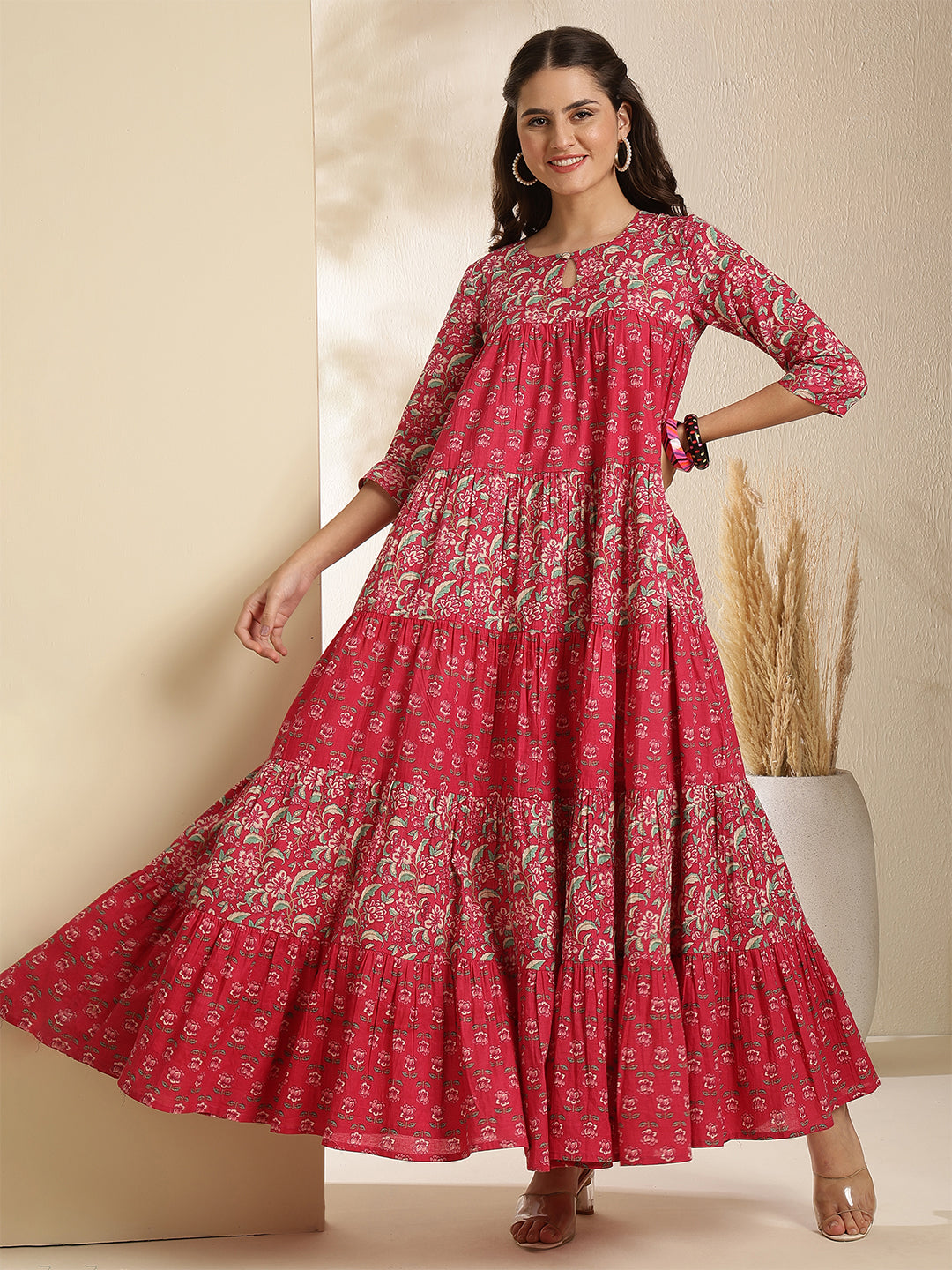 Cotton Ankle  Length Printed Three-Quarter Sleeves Key Hole Neck Flared Kurta