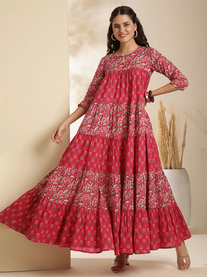 Cotton Ankle  Length Printed Three-Quarter Sleeves Key Hole Neck Flared Kurta