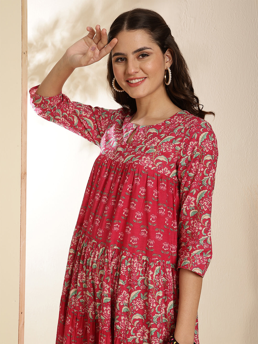 Cotton Ankle  Length Printed Three-Quarter Sleeves Key Hole Neck Flared Kurta
