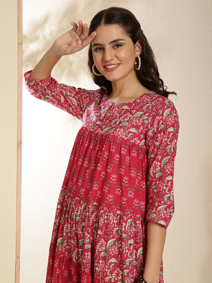 Cotton Ankle  Length Printed Three-Quarter Sleeves Key Hole Neck Flared Kurta