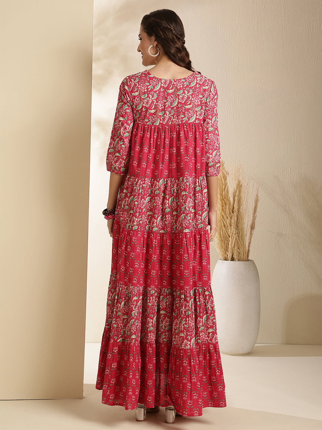 Cotton Ankle  Length Printed Three-Quarter Sleeves Key Hole Neck Flared Kurta