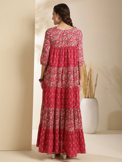 Cotton Ankle  Length Printed Three-Quarter Sleeves Key Hole Neck Flared Kurta
