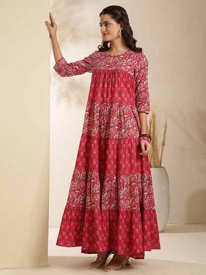 Cotton Ankle  Length Printed Three-Quarter Sleeves Key Hole Neck Flared Kurta