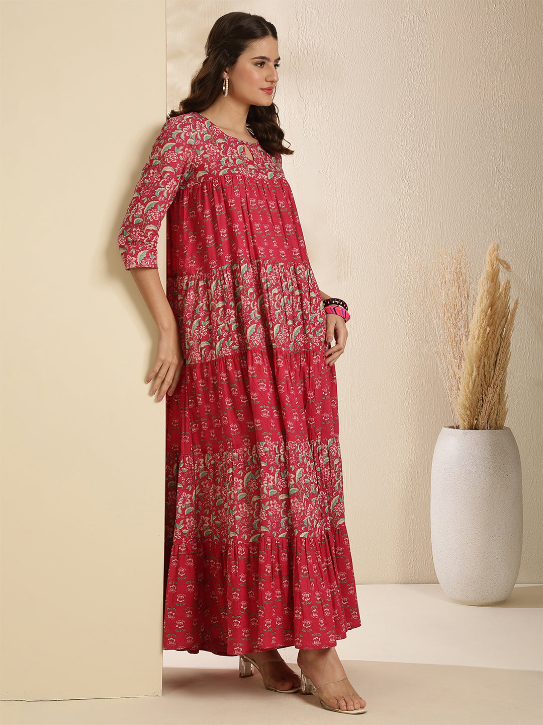 Cotton Ankle  Length Printed Three-Quarter Sleeves Key Hole Neck Flared Kurta