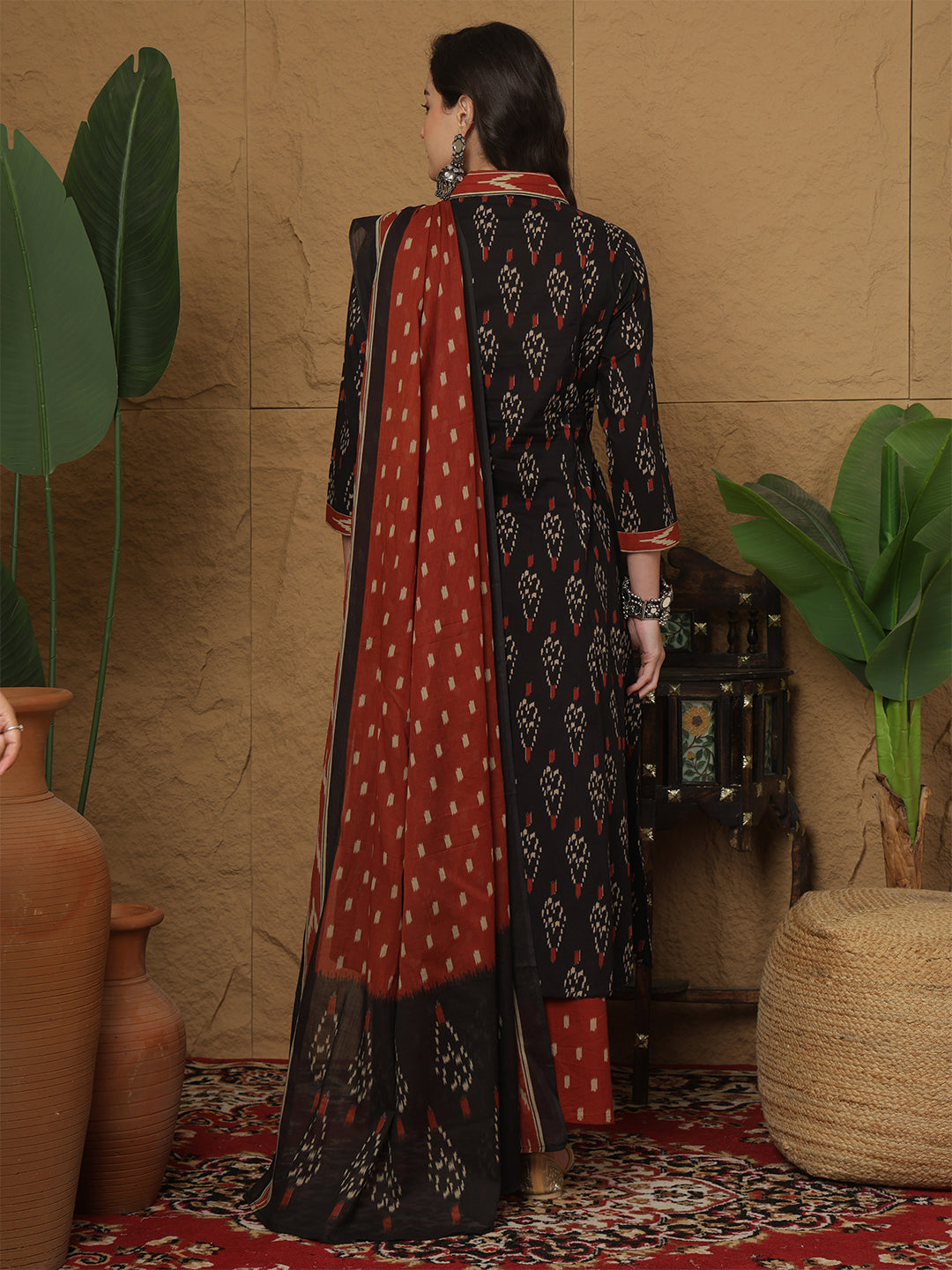 Cotton Calf Length Printed 3/4 Sleeves Collar Semi-Flared Kurta Bottom With Dupatta