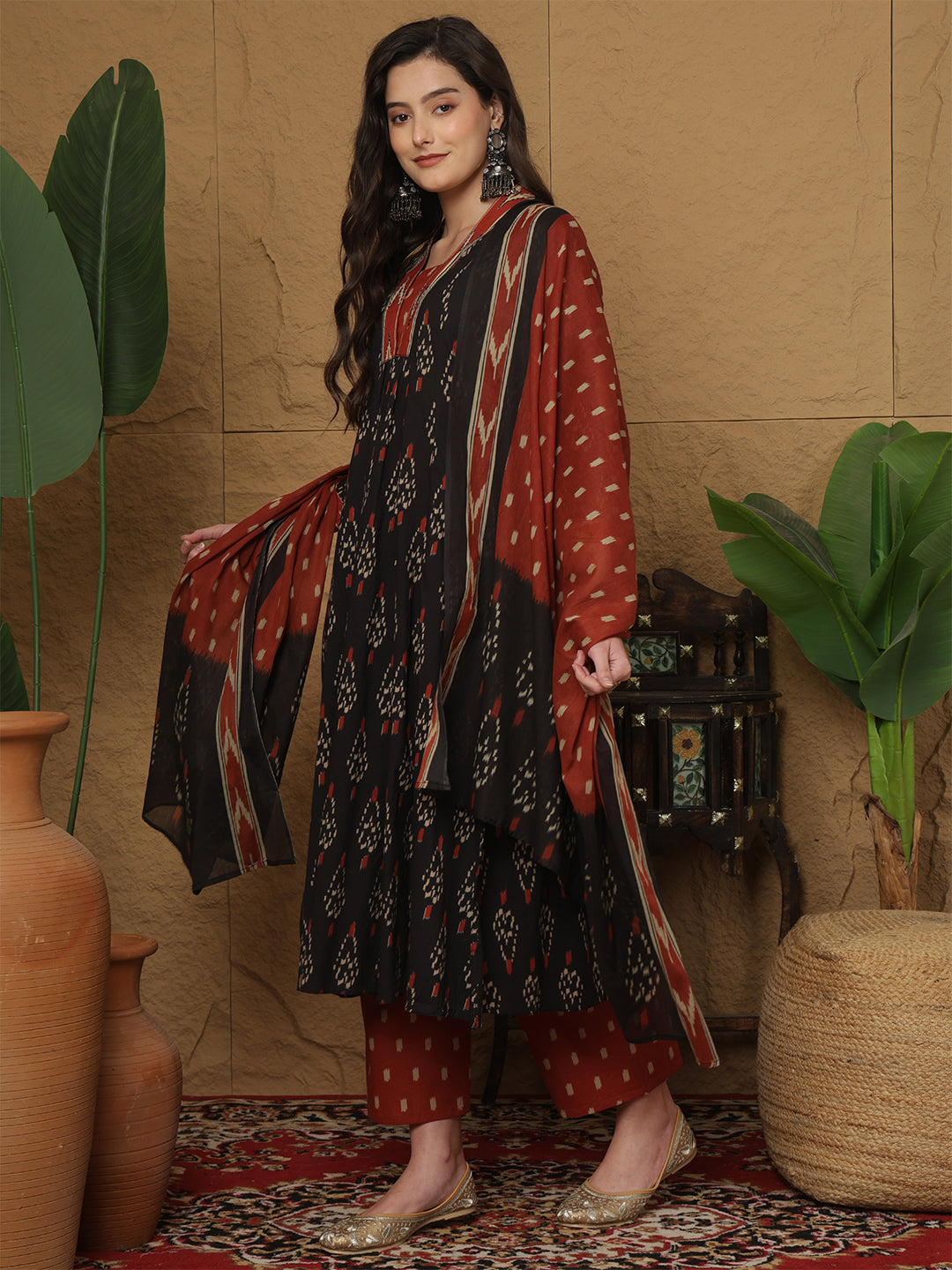 Cotton Calf Length Printed 3/4 Sleeves Collar Semi-Flared Kurta Bottom With Dupatta