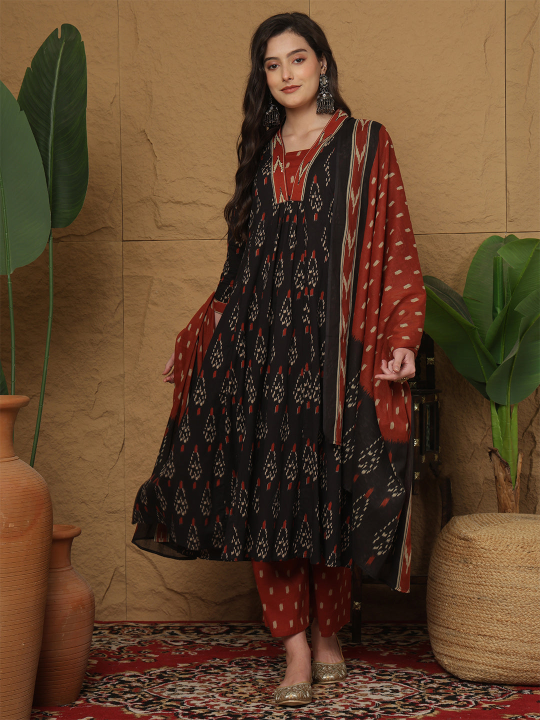 Cotton Calf Length Printed 3/4 Sleeves Collar Semi-Flared Kurta Bottom With Dupatta