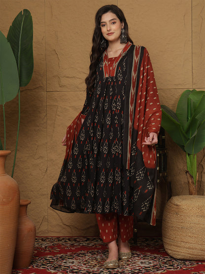 Cotton Calf Length Printed 3/4 Sleeves Collar Semi-Flared Kurta Bottom With Dupatta