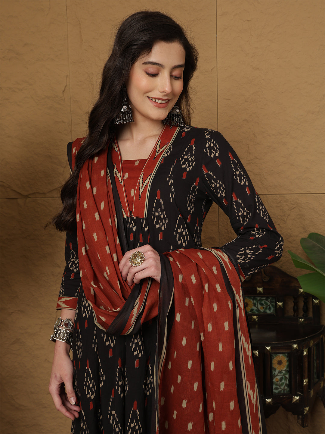 Cotton Calf Length Printed 3/4 Sleeves Collar Semi-Flared Kurta Bottom With Dupatta