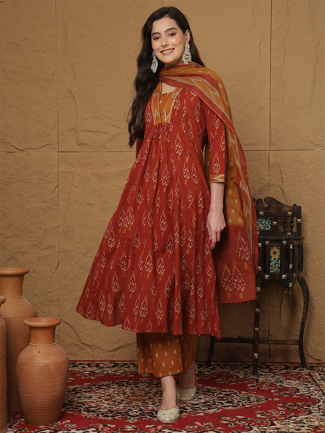 Cotton Calf Length Printed 3/4 Sleeves Collar Semi-Flared Kurta Bottom With Dupatta