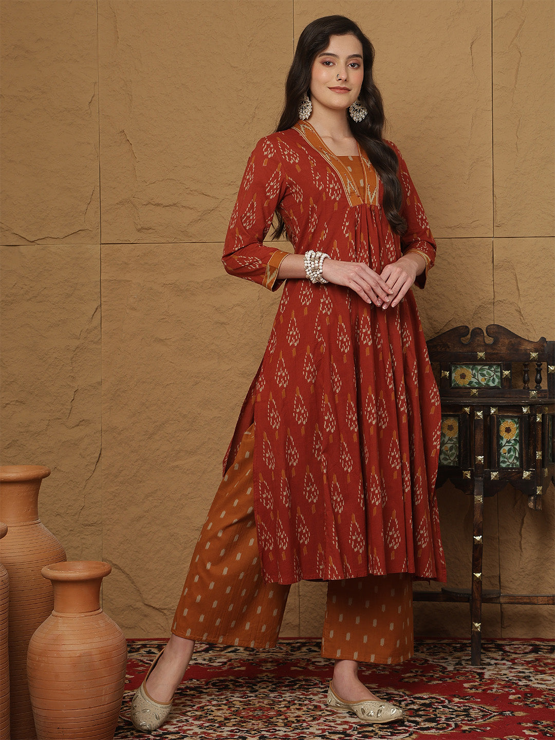 Cotton Calf Length Printed 3/4 Sleeves Collar Semi-Flared Kurta Bottom With Dupatta