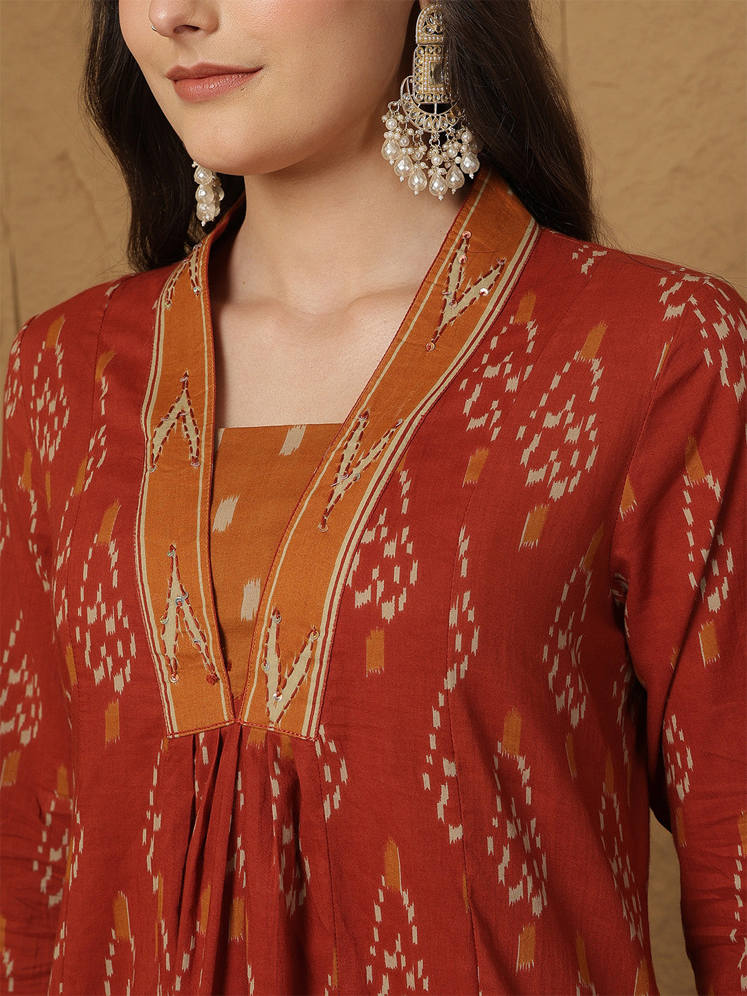 Cotton Calf Length Printed 3/4 Sleeves Collar Semi-Flared Kurta Bottom With Dupatta
