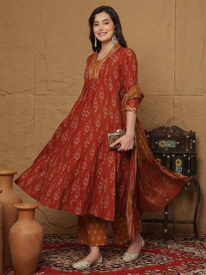 Cotton Calf Length Printed 3/4 Sleeves Collar Semi-Flared Kurta Bottom With Dupatta