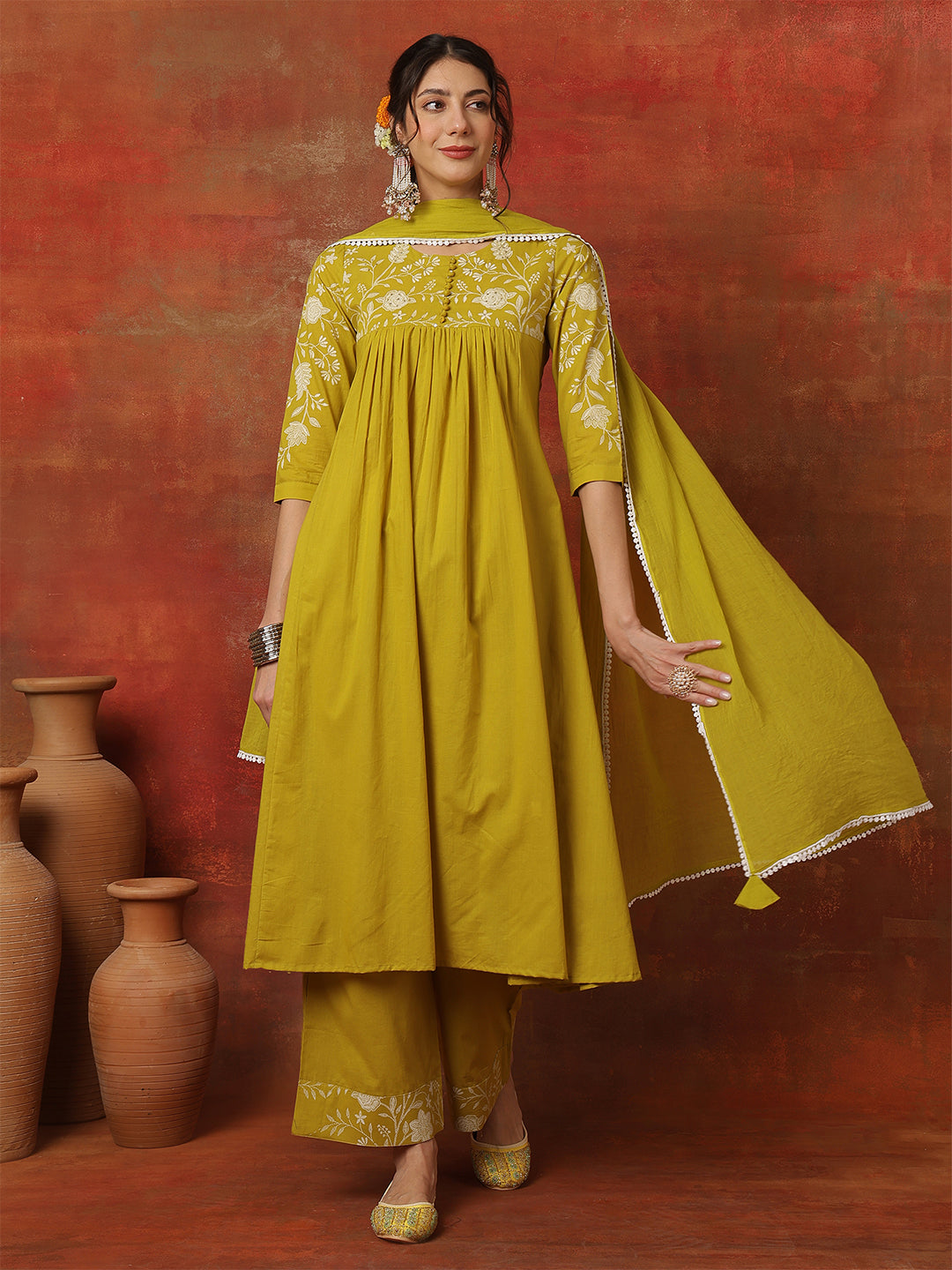 Rayon Calf Length Solid 3/4 Sleeves Round Neck A-Line Kurta Bottom With Dupatta