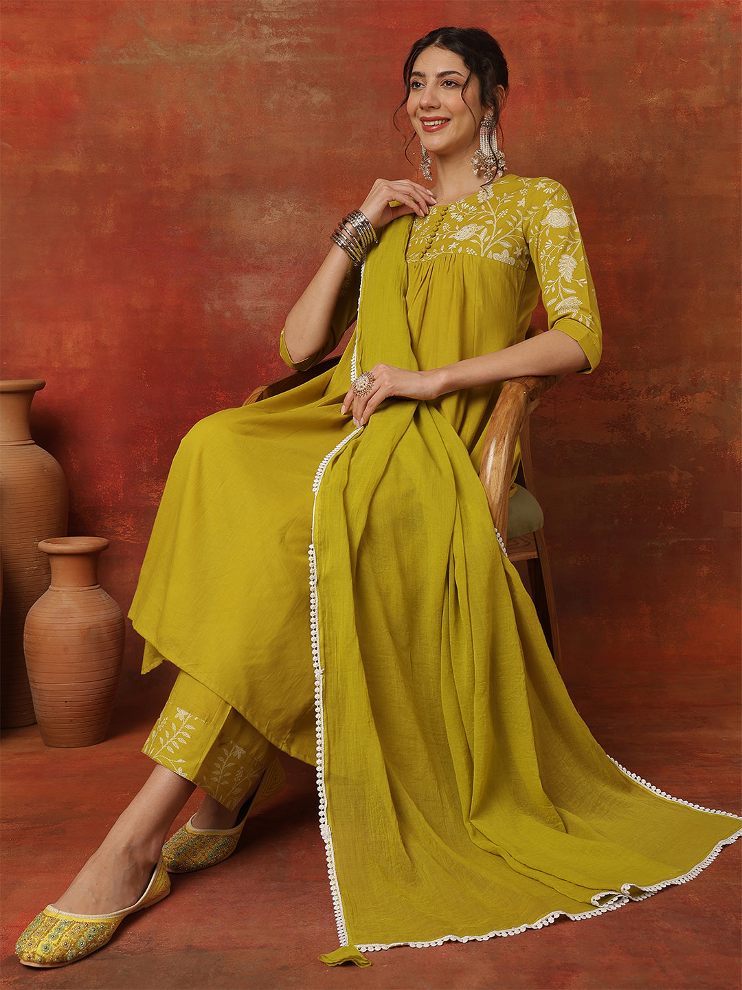 Rayon Calf Length Solid 3/4 Sleeves Round Neck A-Line Kurta Bottom With Dupatta