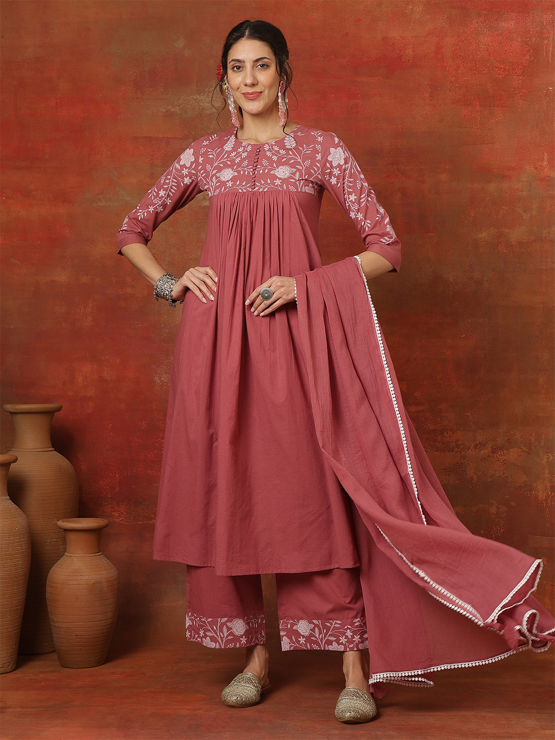Rayon Calf Length Solid 3/4 Sleeves V-Neck A-Line Kurta Bottom With Dupatta