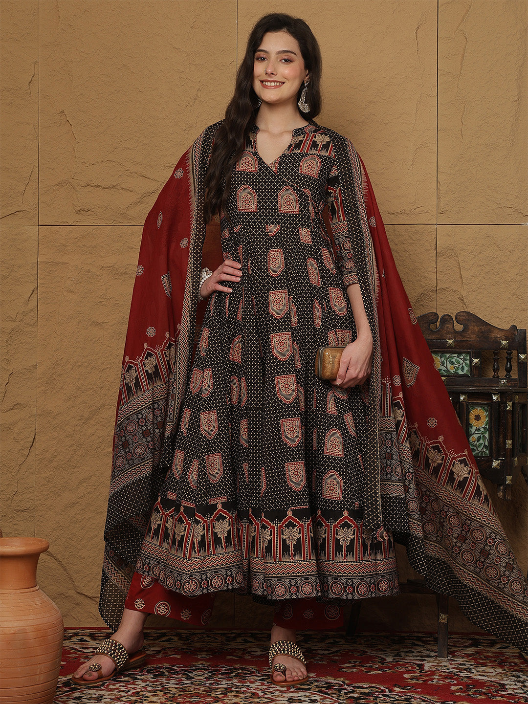 Cotton Ankle Length Printed 3/4 Sleeves Collar Anarkali Kurta Bottom With Dupatta