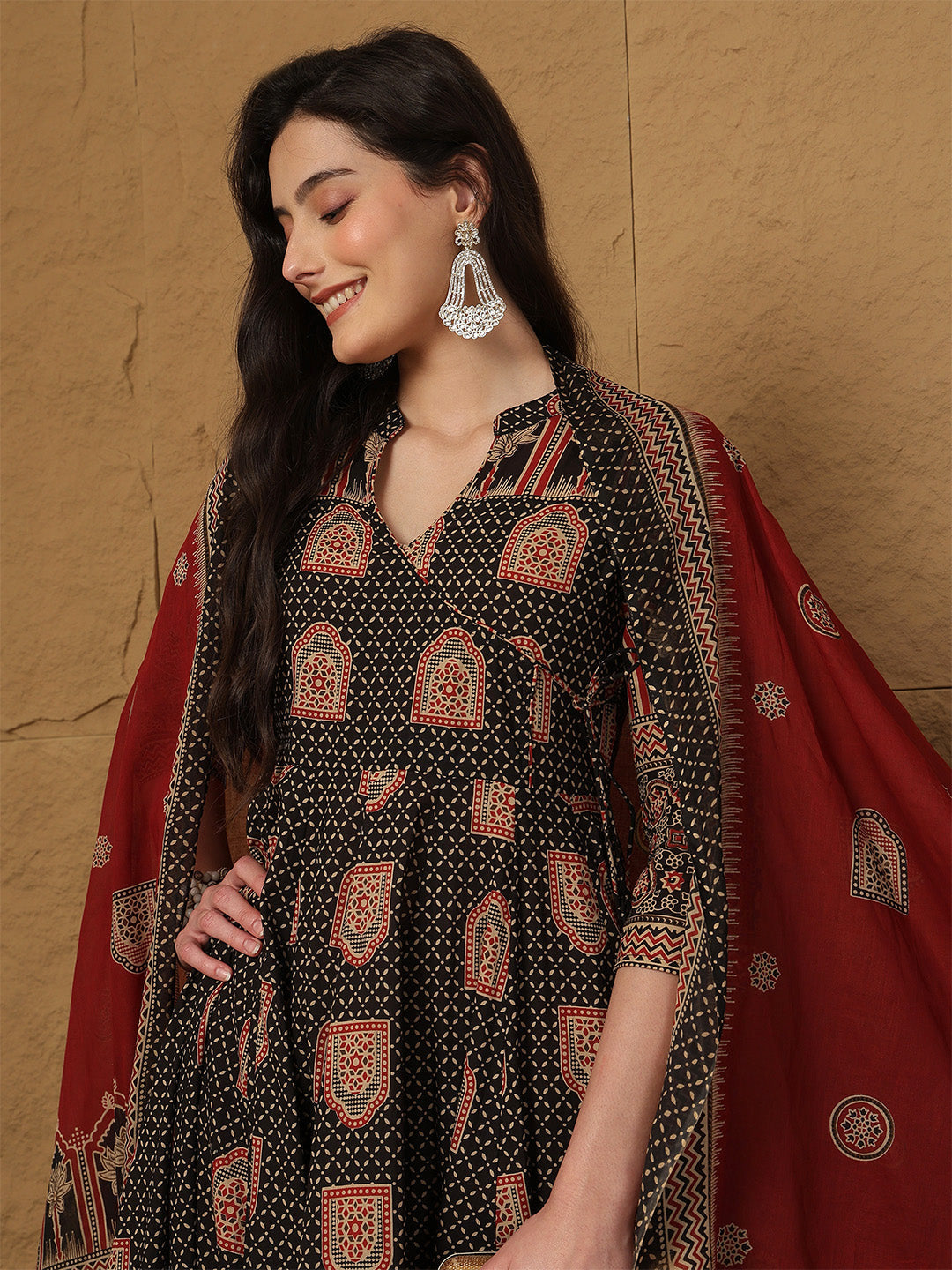 Cotton Ankle Length Printed 3/4 Sleeves Collar Anarkali Kurta Bottom With Dupatta