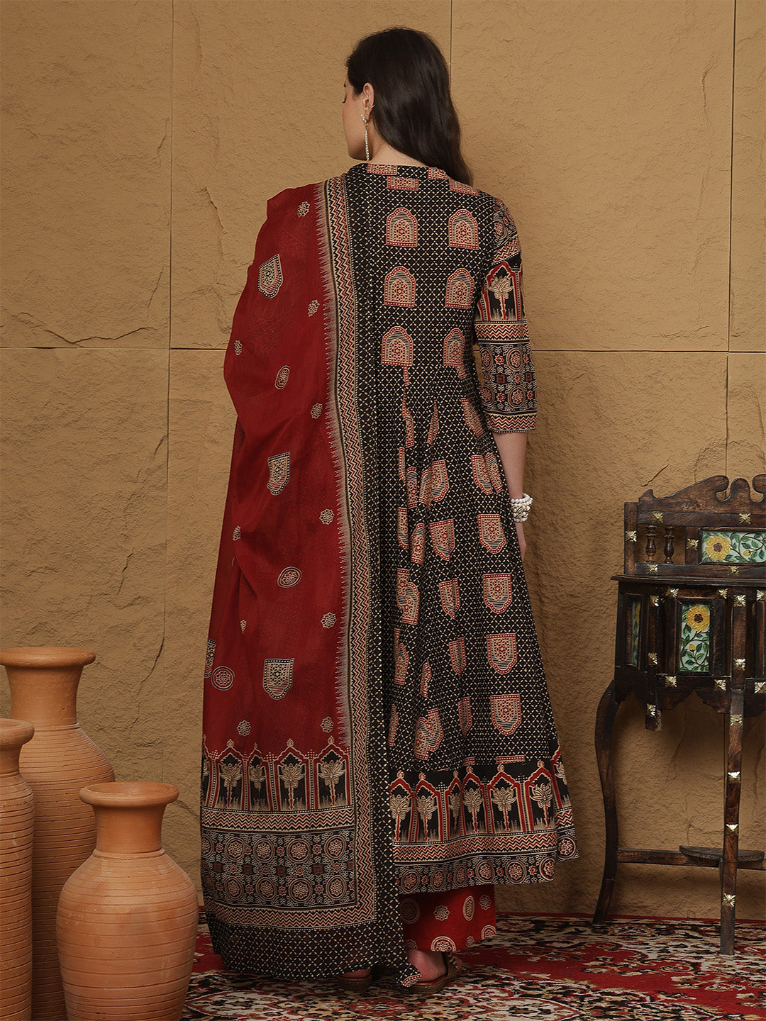 Cotton Ankle Length Printed 3/4 Sleeves Collar Anarkali Kurta Bottom With Dupatta