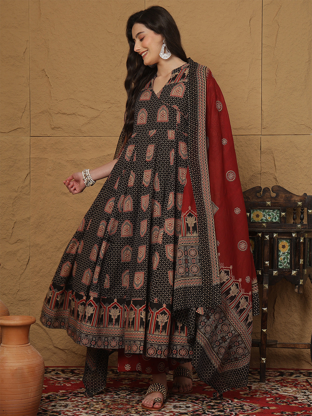 Cotton Ankle Length Printed 3/4 Sleeves Collar Anarkali Kurta Bottom With Dupatta