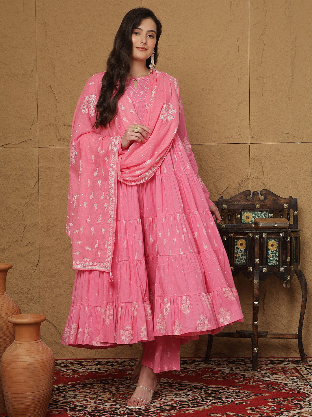 Cotton Ankle Length Printed 3/4 Sleeves Round Neck Full Flared Kurta Bottom With Dupatta
