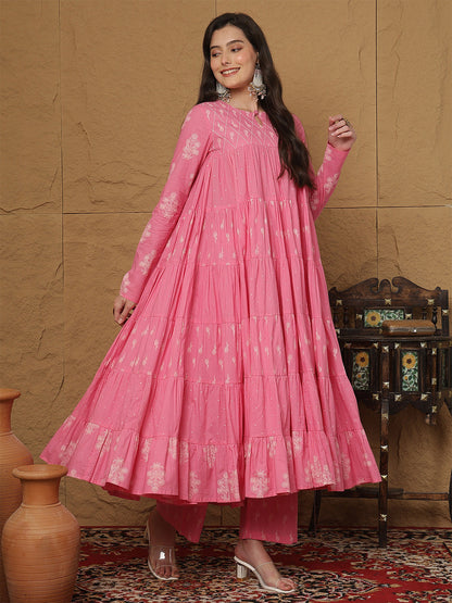 Cotton Ankle Length Printed 3/4 Sleeves Round Neck Full Flared Kurta Bottom With Dupatta