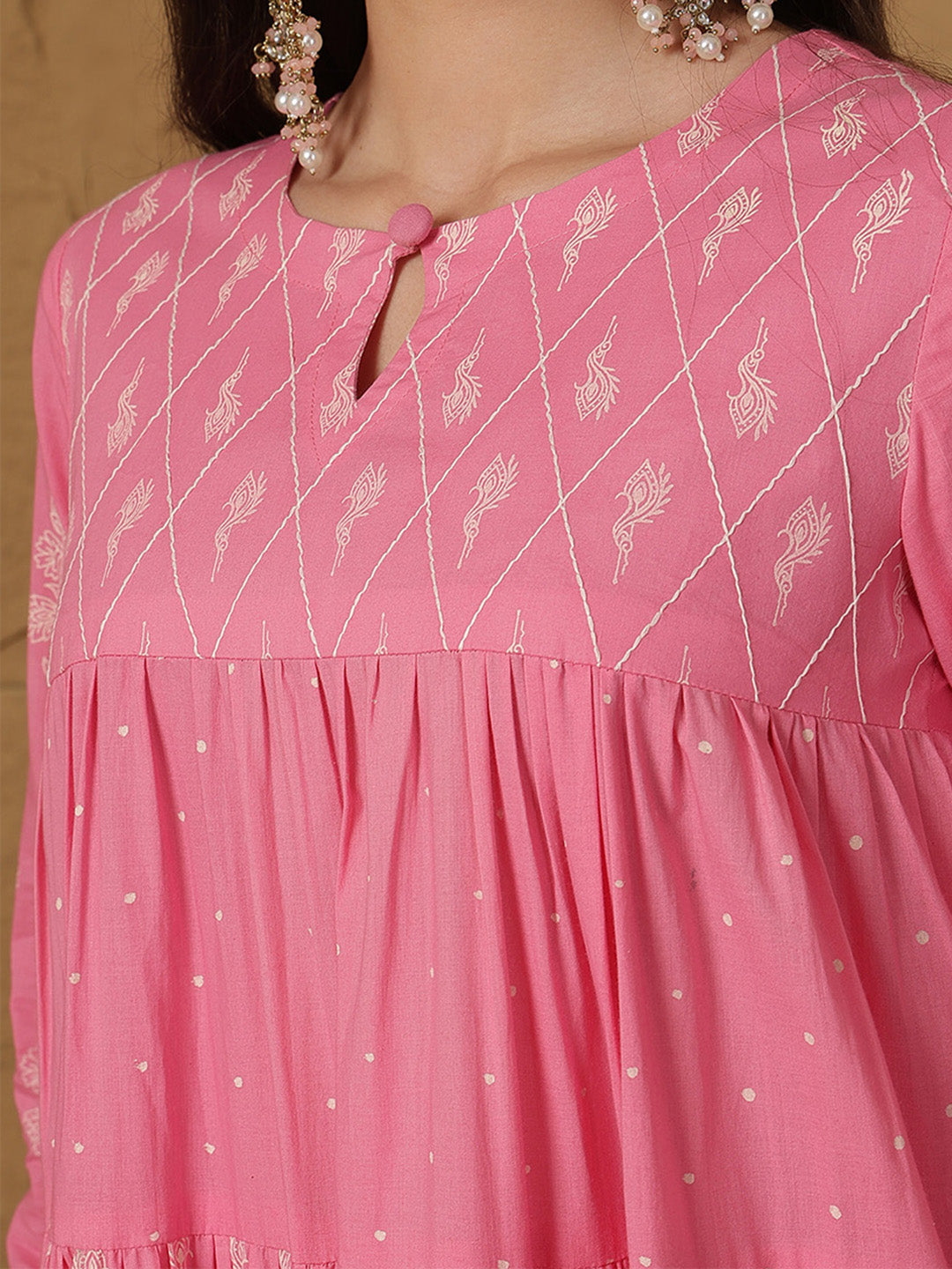 Cotton Ankle Length Printed 3/4 Sleeves Round Neck Full Flared Kurta Bottom With Dupatta