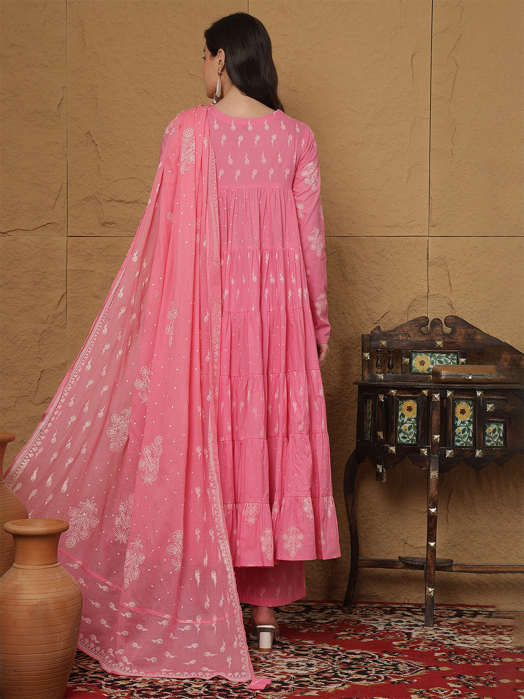 Cotton Ankle Length Printed 3/4 Sleeves Round Neck Full Flared Kurta Bottom With Dupatta