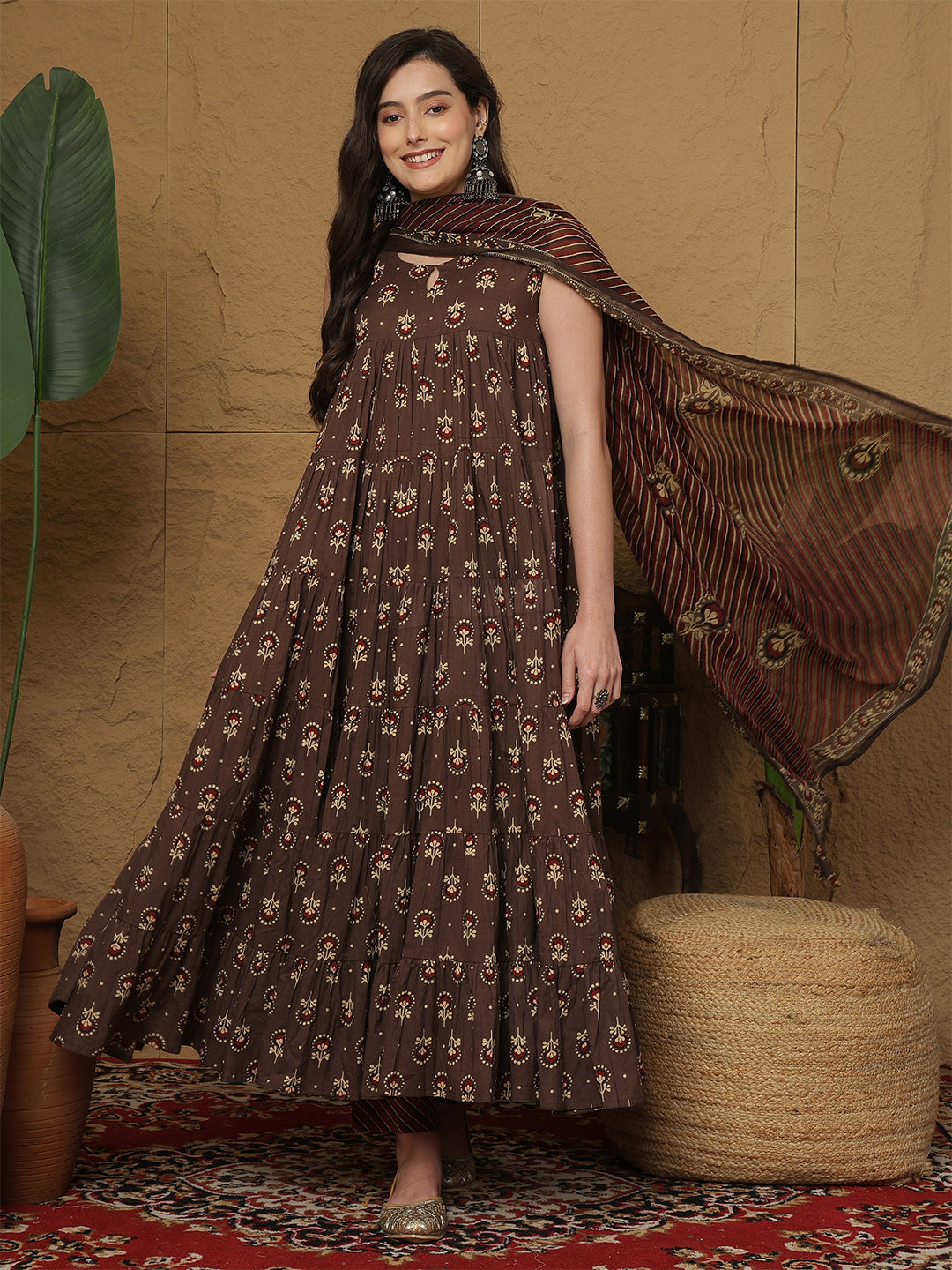 Cotton Ankle Length Printed  Round Neck Full Flared Kurta Bottom With Dupatta
