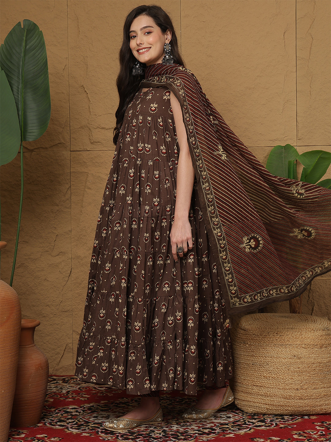 Cotton Ankle Length Printed  Round Neck Full Flared Kurta Bottom With Dupatta