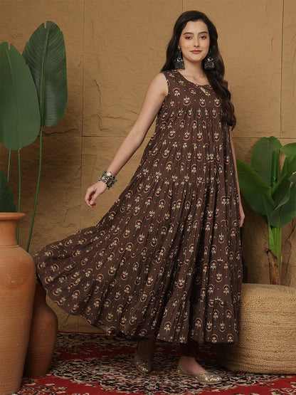 Cotton Ankle Length Printed  Round Neck Full Flared Kurta Bottom With Dupatta