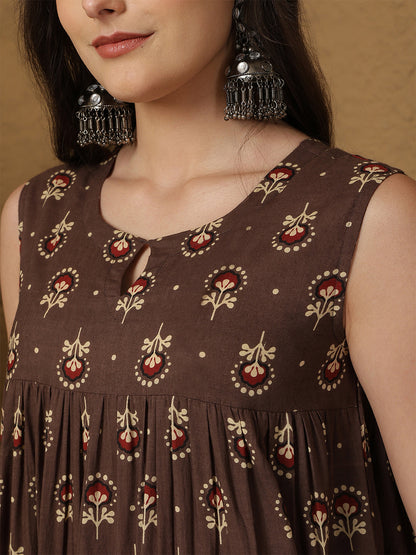 Cotton Ankle Length Printed  Round Neck Full Flared Kurta Bottom With Dupatta